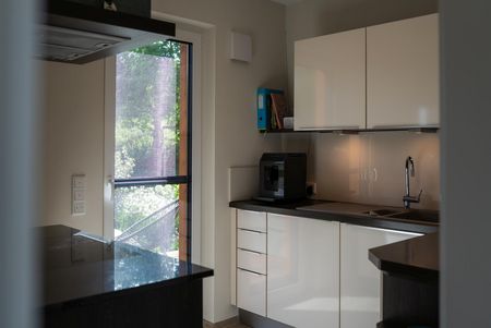 Helle Küche mit glänzenden Fronten und großem Fenster mit Blick in den Garten in Lichtenau