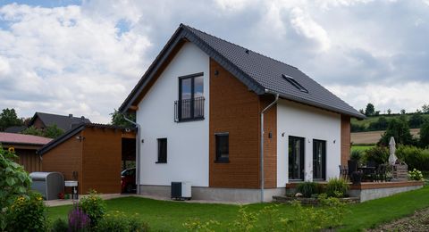 Rückansicht des modernen Effizienzhauses in Lichtenau mit großzügigem Garten, Carportanbau und klar strukturierter Mischfassade aus Holz und Putz