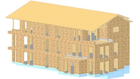 3D Ansicht aus der Konstruktionsplanung des dreigeschossigen Mehrfamilienhauses in Holzbauweise