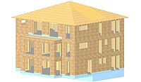 3D Ansicht aus der Werkplanung der dreigeschossigen Stadtvilla mit 4 Wohneinheiten in Holzbauweise