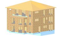 3D Ansicht aus der Werkplanung der dreigeschossigen Stadtvilla mit 4 Wohneinheiten in Holzbauweise
