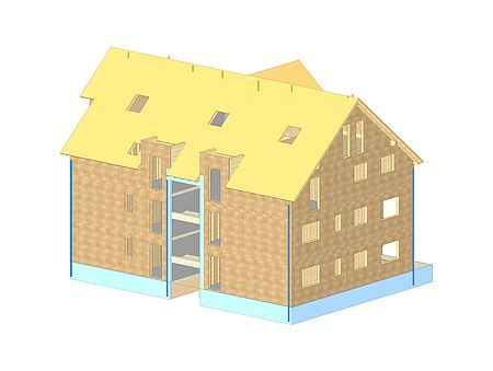 CAD-Planung der Konstruktion des mehrgeschossigen Mehrfamilienhauses in Holzbauweise