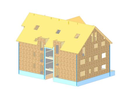 CAD-Planung der Konstruktion des mehrgeschossigen Mehrfamilienhauses in Holzbauweise