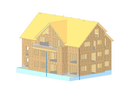 3D Ansicht aus der Werkplanung des Mehrfamilienhauses in Holzbauweise